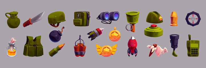 Military game icons cartoon vector set. Isolated war weapon collection, bomb, bullet and rocket, knife and water flask, compass and walkie talkie, protection vest and helmet © klyaksun