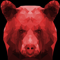 Red colored polygonal abstract wild bear face on black background. Desktop wallpaper, screen print. 