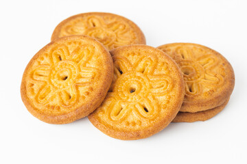 Cookies on white background. Danish butter cookie isolated on white background. homemade chips  cookies, top view, copy space for text.