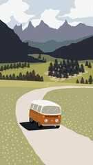 Travel by van car camper in the mountain for wallpaper, postcards, illustration posters, banners, advertising, nature landscape background - obrazy, fototapety, plakaty