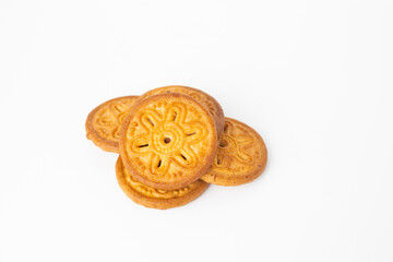 Cookies on white background. Danish butter cookie isolated on white background. homemade chips  cookies, top view, copy space for text.