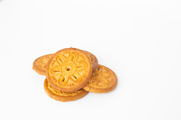 Cookies on white background. Danish butter cookie isolated on white background. homemade chips  cookies, top view, copy space for text.