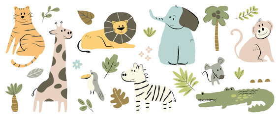 Set of cute animal vector. Friendly wild life with tiger, lion, zebra, elephant, crocodile in doodle pattern. Adorable funny animal and many characters hand drawn collection on white background. © TWINS DESIGN STUDIO