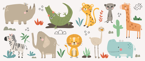 Obraz na płótnie Canvas Set of cute animal vector. Friendly wildlife with leopard, crocodile, rhino, zebra, elephant in doodle pattern. Adorable funny animal and many characters hand drawn collection on white background.