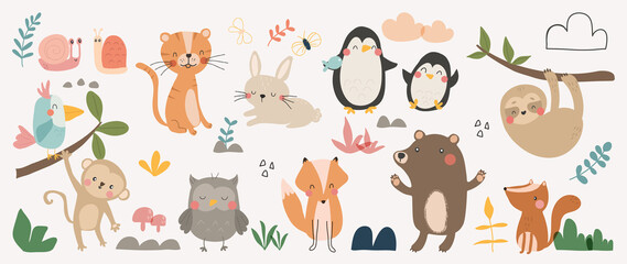 Set of cute animal vector. Friendly wildlife with penguin, rabbit, monkey, owl, sloth, bear in doodle pattern. Adorable funny animal and many characters hand drawn collection on white background.