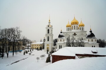 View on Cathedral of the Assumption of the Blessed Virgin Mary in winter snowy day in Dmitrov city