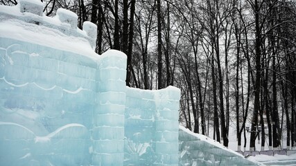 Low angle view on deep blue ice cubes in winter icy slides 