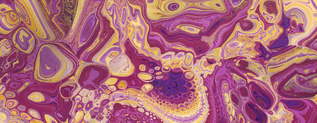 Contemporary Marbling Banner. Paint Swirls in Beautiful Purple and Yellow colors, with Gold Powder.