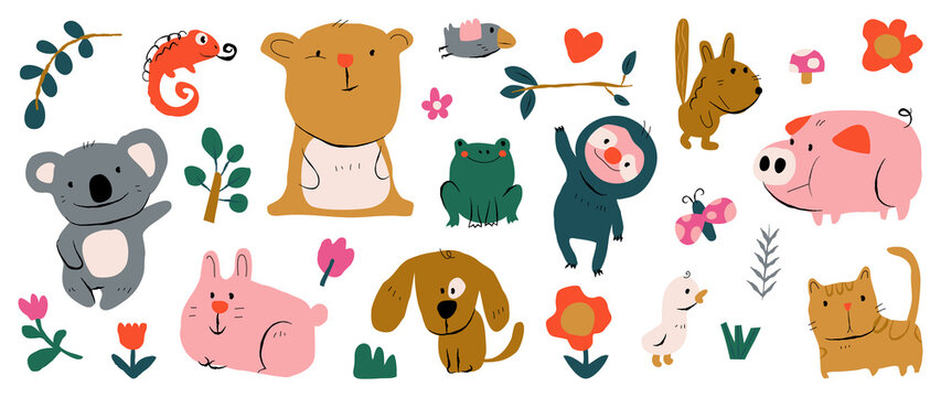 Set of cute animal vector. Friendly wildlife with bear, rabbit, sloth, pig, cat, dog, koala in doodle pattern. Adorable funny animal and many characters hand drawn collection on white background. © TWINS DESIGN STUDIO