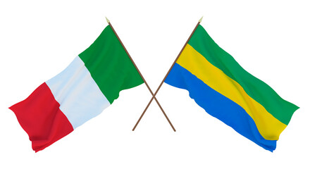 Background for designers, illustrators. National Independence Day. Flags Italy and Gobon