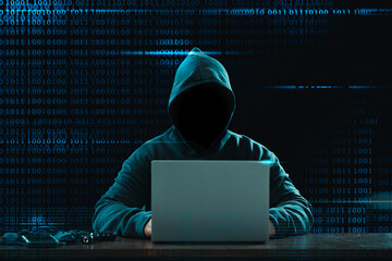 Big financial data theft concept. An anonymous hacker is hacking highly-protected financial data through computers. - obrazy, fototapety, plakaty