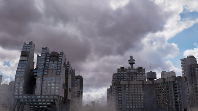 Concrete City Skyline. Soviet Modernist Architecture against a Cloudy Afternoon Sky.