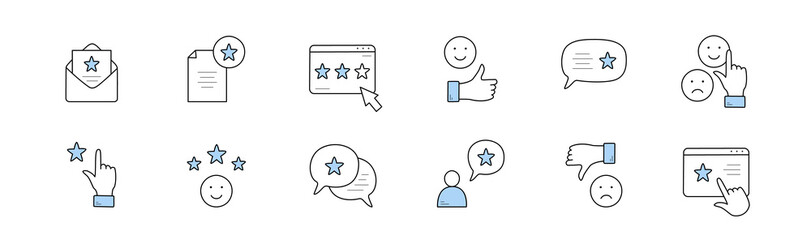 Rate icons set in doodle style, isolated vector rating and review linear signs. Star, envelope, smiling emoji, like thumb up and speech bubble. Positive or negative customer feedback, Line art symbols © klyaksun