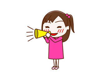 （全身斜め）メガホンを持って笑顔で大声を出して声援を送る少女