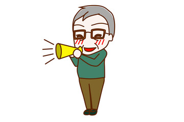 （全身斜め）メガホンを持って笑顔で大声を出して声援を送る高齢の男性