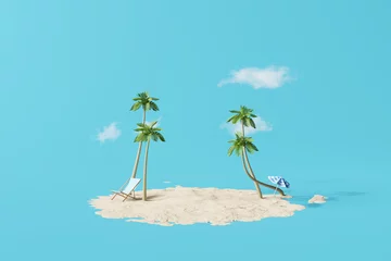 Fototapeten Summer beach vacation scene with blue background. 3d rendering © aanbetta