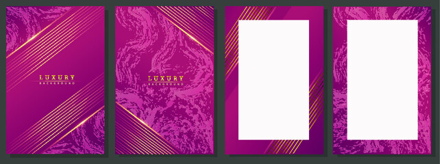 Purple luxury covers. Modern design, geometric of gold lines and sparkles on the painted background. Elegant template with blank space, for business, elegant events, invitations.