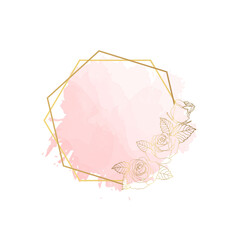 Hand drawn golden roses and hexagon wreath in cute doodle style on pink watercolor splash texture. Luxury elegant vector illustration for wedding, birthday, quotes, thank you card, cosmetics.