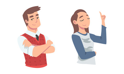 Confident Young Man and Woman Standing with Folded Arms Expressing Self Pride Vector Set