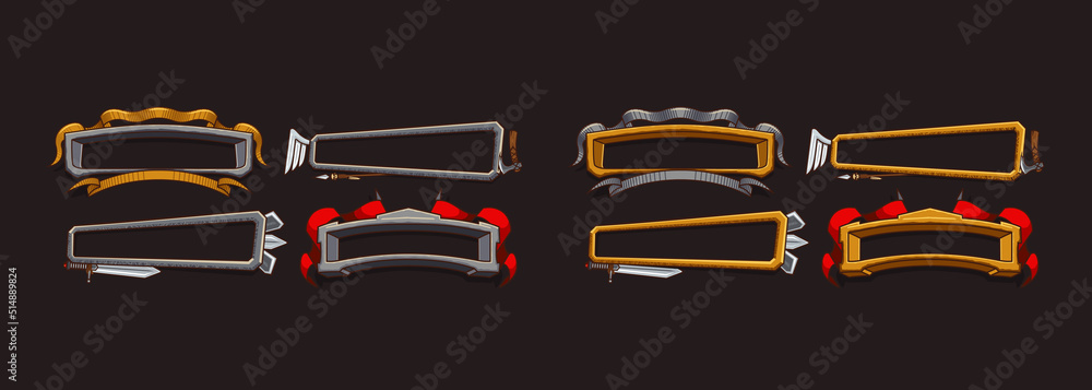 Poster fantasy frames with medieval weapon for rpg game ui design. vector cartoon set of empty banners with