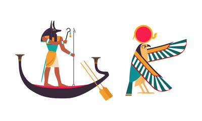 Anubis or Inpu on Boat as Ancient Egyptian God of Death and Horus Deity Vector Set