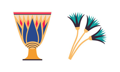 Egyptian Goblet with Old Floral Ornament and Lotus Flower Vector Set