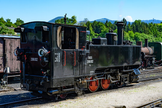old steam locomotive of the historic railway steyrtalbahn in the village of gruenburg, upper austria