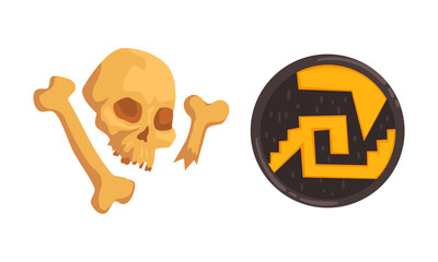 Maya Civilization Ethnic Symbols with Shield and Skull with Bones Vector Set