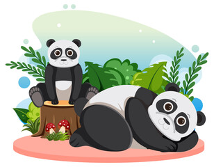 Two cute pandas in flat cartoon style