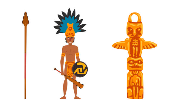 Maya Civilization Ethnic Symbols with Warrior Holding Shield and Bludgeon and Animal Totem Vector Set