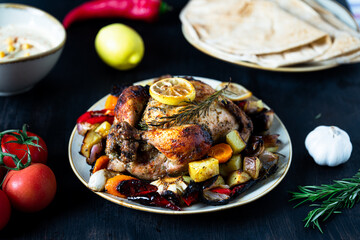 The roast chicken is served with brussel sprouts, carrots, and potatoes