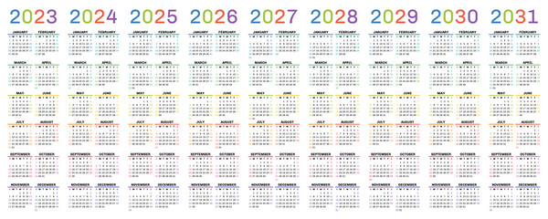 Color calendar 2023, 2024, 2025 and 2026. Colorful vector calender. Week starts on Sunday. 2027, 2028 and 2029 - obrazy, fototapety, plakaty