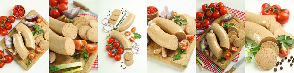 Photo collage of Tasty food concept with liverwurst