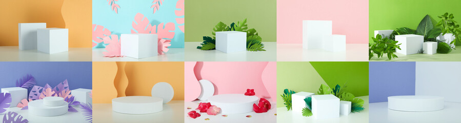 Photo collage for advertising with different podiums