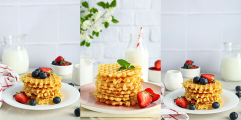 Photo collage of Tasty dessert concept with waffles