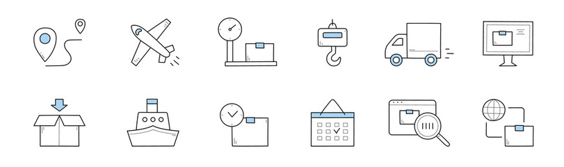 Delivery and shipping service doodle icons. Vector linear signs ship, open box, parcel, map pin, airplane, post scales, truck and hook, desktop, calendar and magnifying glass, international logistics