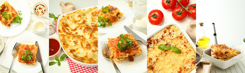 Photo collage of tasty food concept with lasagna