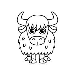 Coloring page funny smiling yak. Vector coloring book for childrens activity