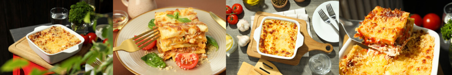 Photo collage of tasty food concept with lasagna