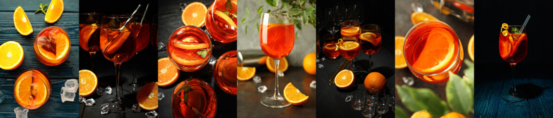 Photo collage of Summer cocktail concept with Aperol Spritz