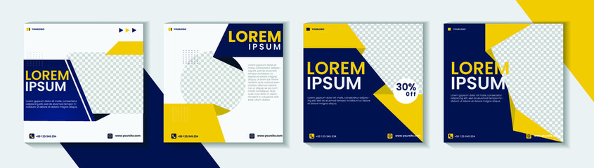 Set four of minimal social media post in blue yellow and white colors for fashion, school admission property poster. Multipurpose template. square social poster Suitable for social media post and web.