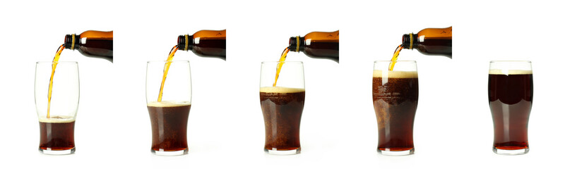 Photo set of pouring Kvass, isolated on white background
