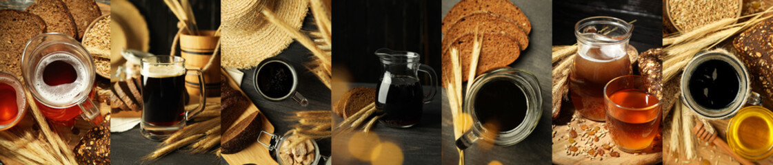 Photo collage of fresh drink concept with kvass - obrazy, fototapety, plakaty