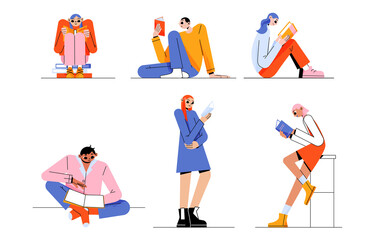People reading books in club, home or library. Set of happy engrossed male and female characters weekend sparetime, relax. Students read literature, prepare for exams Line art flat vector llustration