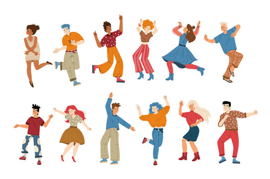 People listen music and dance, set of male and female characters on party enjoying melodies and relax. Young men and women listening sound composition and moving body Line art flat vector illustration