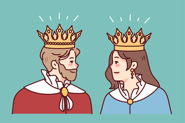 King and queen in mantles and crowns look at each other. Members of royal family in robes. Royalty and monarchy. Vector illustration. 