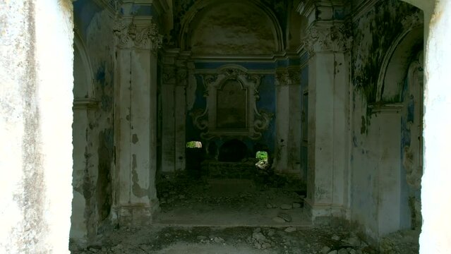 This is the abandoned church of “Monticello” in Italy. The name derives from the fact that it stands on a hill. The exterior of the church is in big contrast with the beautiful interior.