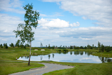 A view of the golf course on a summer's day. In the foreground stands a birch in the background of the lake. There are white clouds in the blue sky. Serenity
