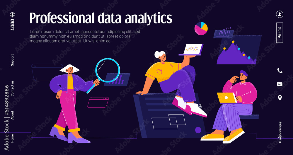 Poster professional data analytics banner with people team work with graph and analysis reports. vector nig