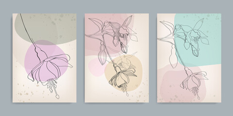 Set of trendy minimalist botanical vector illustration as abstract line art composition with flowers